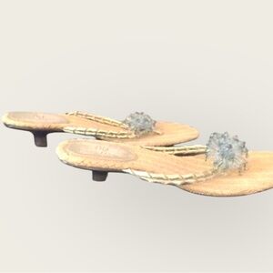Cole Haan Sz 7B |Raffia Thong Sandals | Crystal Flower Embellished | Kitten Heel